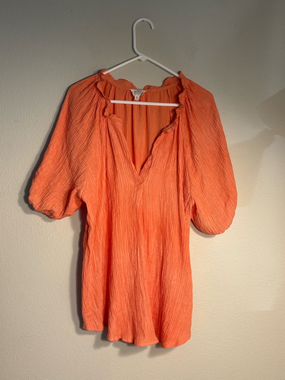 Perch by Blu Pepper Orange Textured Puff Sleeve Boho Blouse V-neck 3X